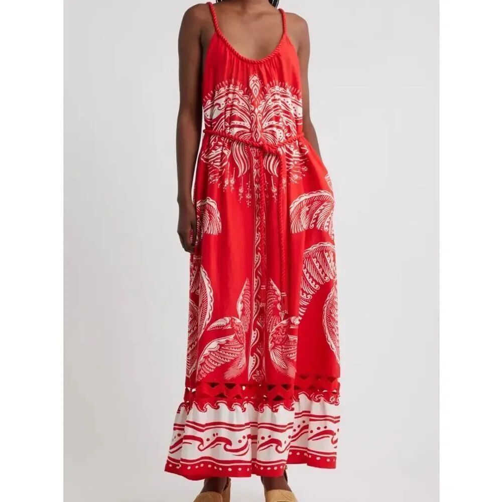 FARM Rio Maxi Dress Majestic Coconut Tree Linen Blend Cut Out Rope detail red M